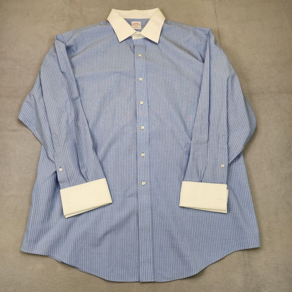 Brooks Brothers 346 Dress Shirt Men's 17.5-34 Blue Striped French Cuff Non-Iron